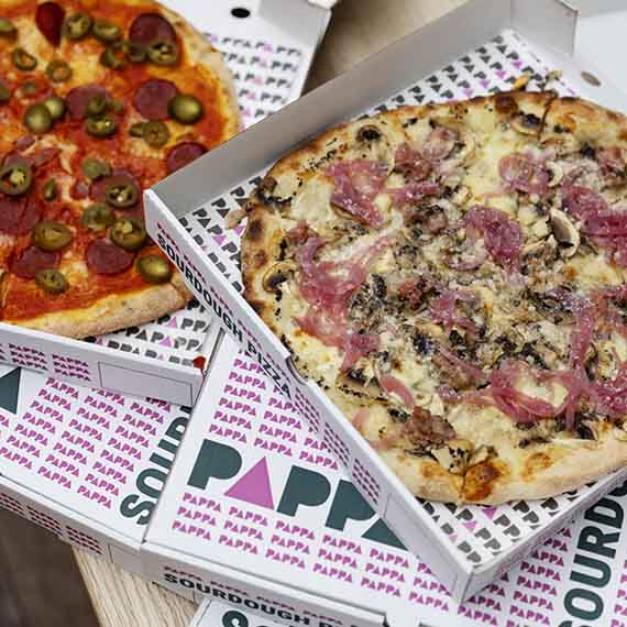 Et udvalg af surdejspizzaer fra Pappa Pizza i Lyngby